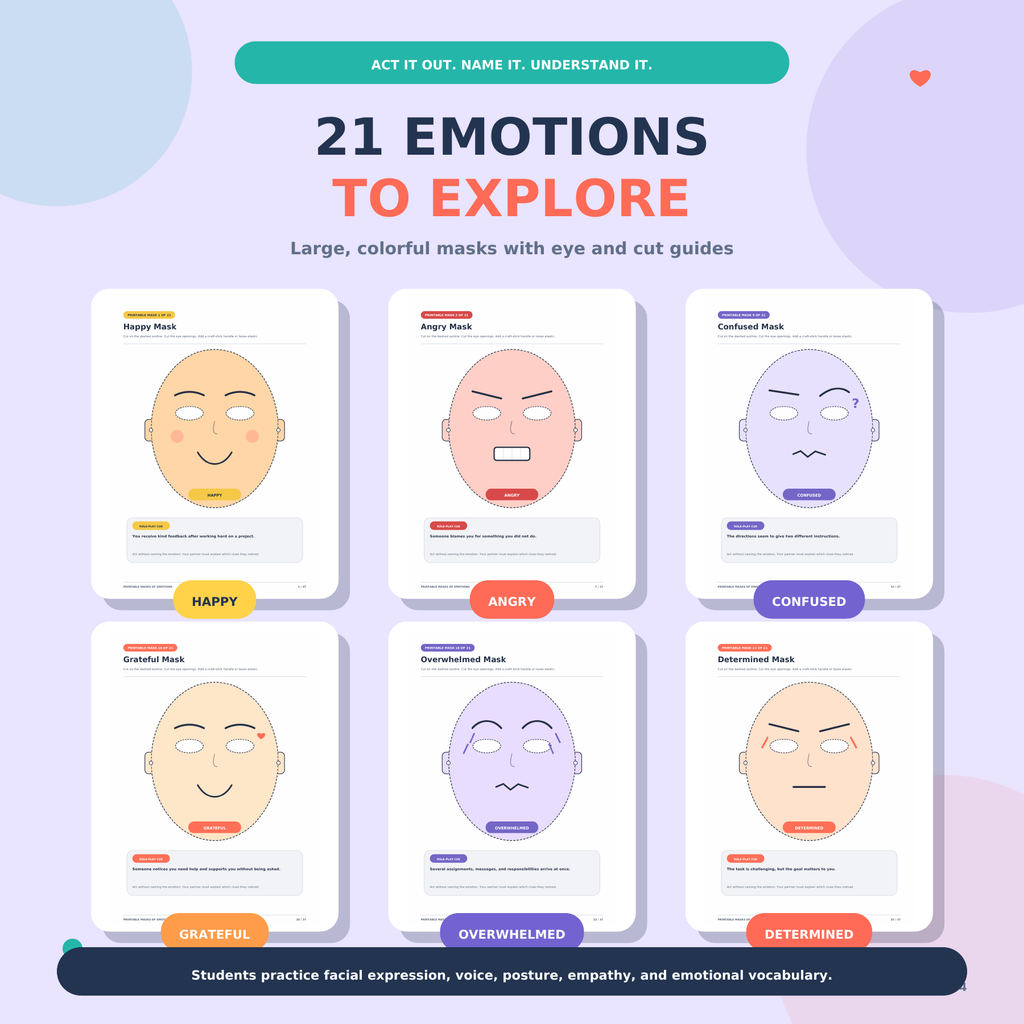 Printable Emotion Masks | SEL Role Play & Feelings Activities Grades 4–8