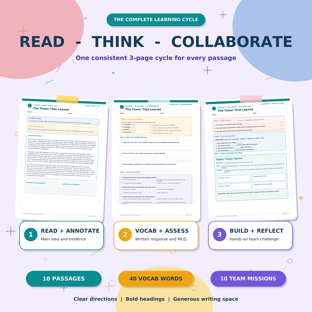 Team Building Activities & Reading Comprehension Passages | SEL Challenges Grades 4-8