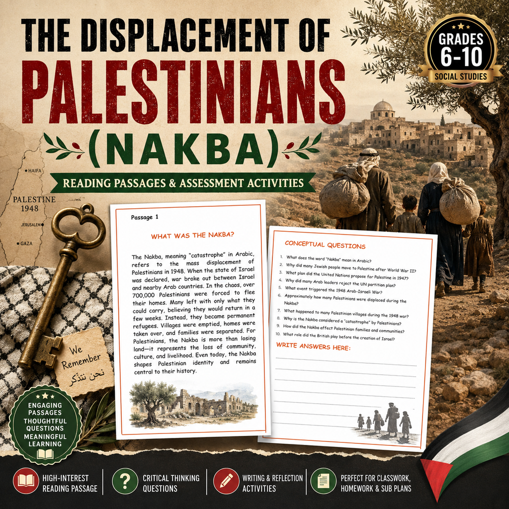 The Nakba Reading Comprehension | Palestinian History Reflection Worksheets