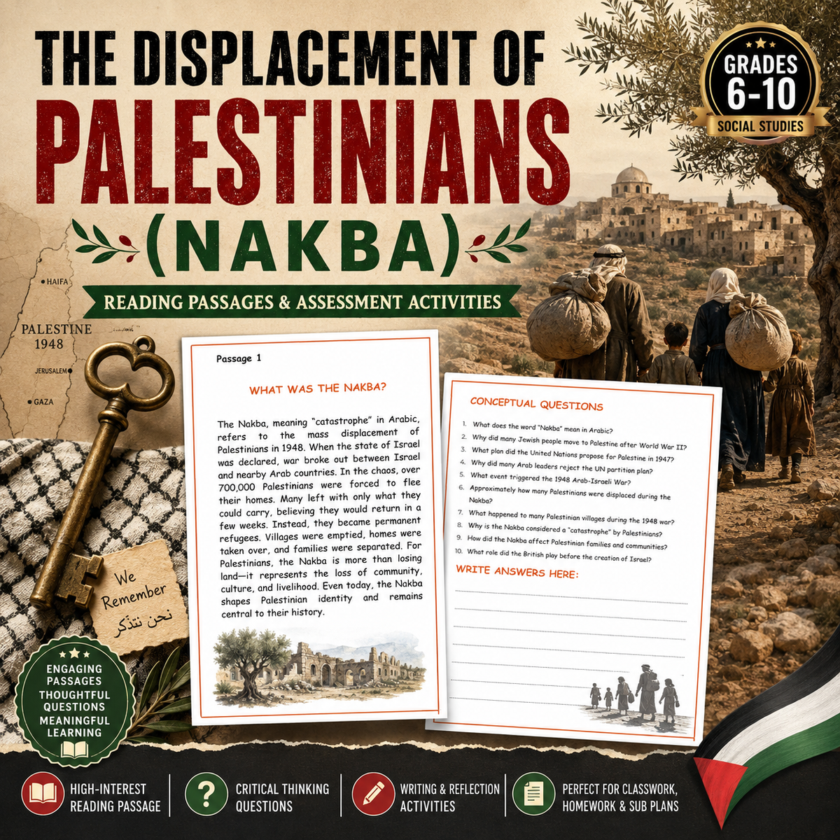 The Nakba Reading Comprehension | Palestinian History Reflection Worksheets