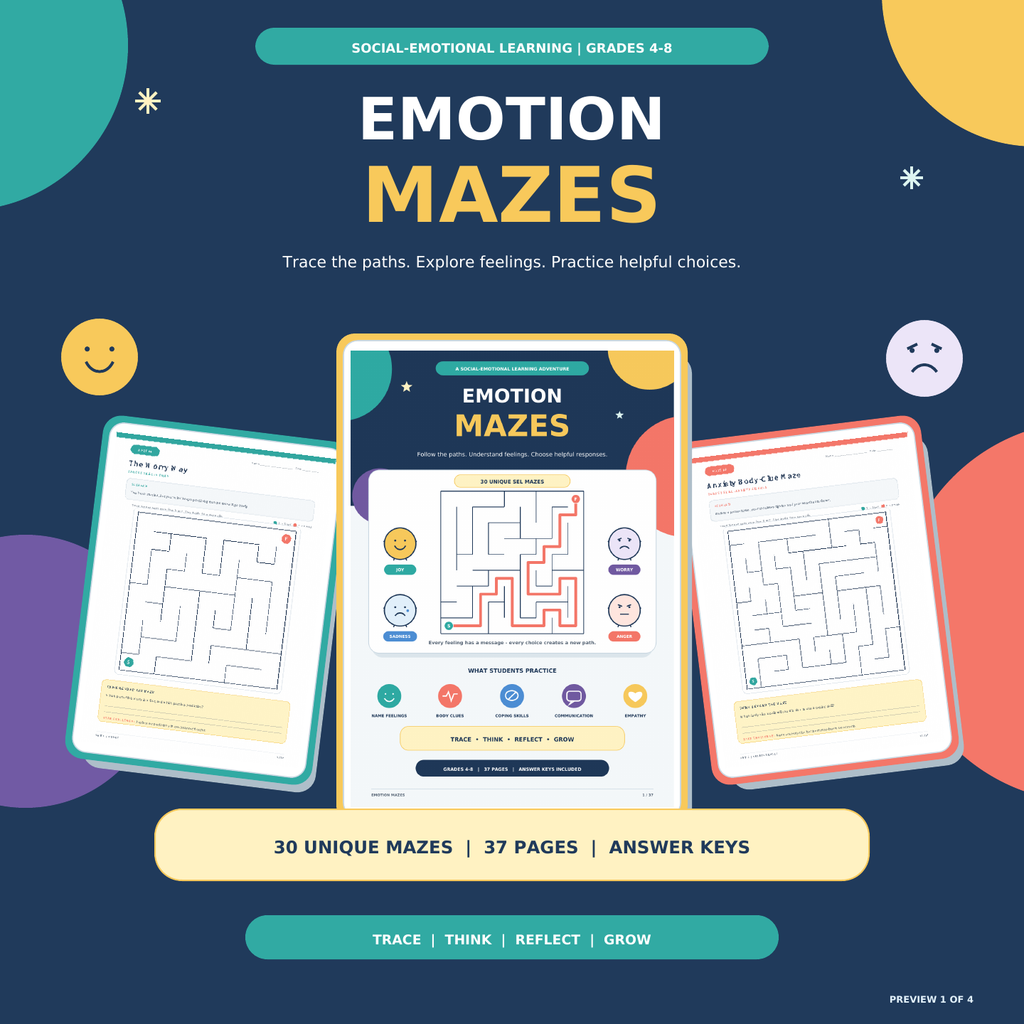 Emotion Mazes | SEL Feelings & Self-Regulation Worksheets Grades 4–8